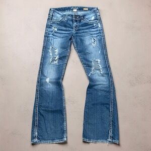 Silver Jeans Co Frances Women 26x31 Blue Heavily Distressed Flare Jeans L15255